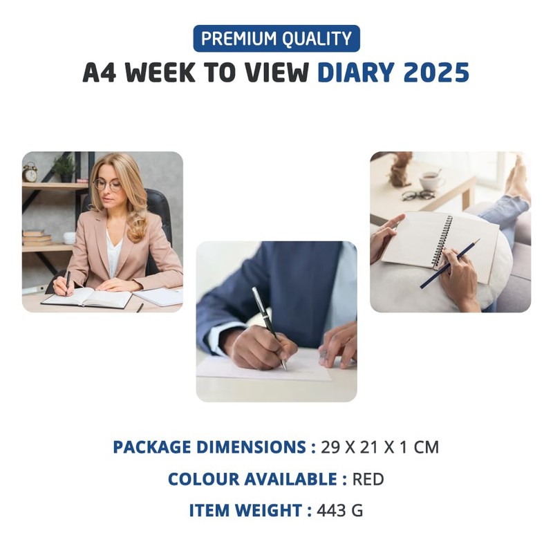 1ABOVE A4 Week to View 2025 Diary| 60gsm-Paper| Hardback, Casebound