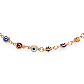 Protection Amulet Turkish Multi Color Charm Slender Evil Eyes Anklet Link Ankle Bracelet For Women Teen Rose Plated .925 Sterling Silver 10 Inch