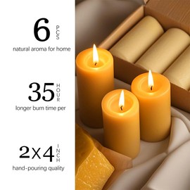 6 Packs Natural Beeswax Candles, 100% Pure Beeswax Pillar Candles for Emergency Prayer Home Decor, Bees Wax Candle for Relax, Smokeless & Dripless [2x4 inch]
