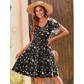 Zeagoo Black Mini Dress Casual Tiered Sundresses for Women Ruffled Sleeve Dresses 2025 V Neck Flowy Dress A Line Swing Beach Vacation Outfits Cotton Dresses Cute Babydoll Dress Black Floral XL
