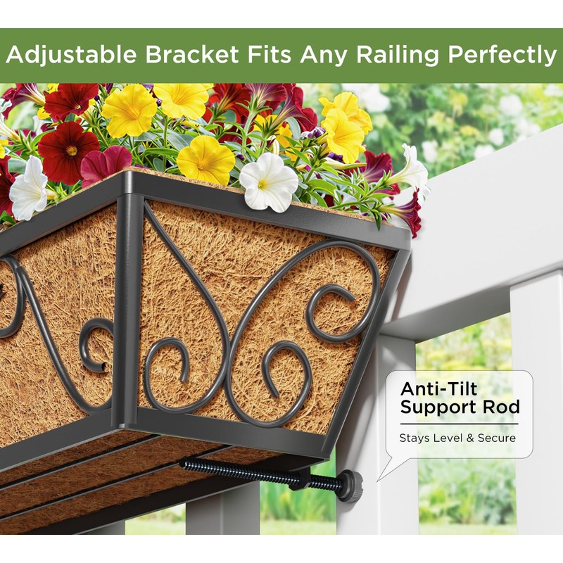 Y&M 30x7 Inch Black Outdoor Rectangular Window Box Planter -