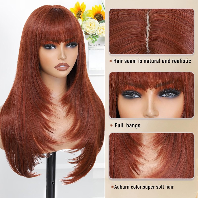 MINSEEYOO Auburn Wig with Bangs for Women Long Layered Wigs