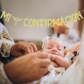 Spanish Mi Confirmacion Banner, My First Holy Communion, Mi Bautizo, My Baptism, Confirmation/Christening/Engagement/Baby Shower Party Decorations Gold Glitter