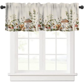VUMIVI Vintage Mushroom Valance Curtains Forest Plants Red Berries Pink Flowers Green Leaves Dragonfly Home Decor Rod Pocket Window Treatments for Kitchen Living Dining Room Coffee Shop 54x18inch