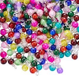 LEGENTLISUR 200 Pcs Bead Crystal Charms for Jewelry Making Crafts Colorful Crackle Round Glass Charms Pendants for Bracelets Necklace Earrings Findings for DIY Keychain Accessory (Silver)
