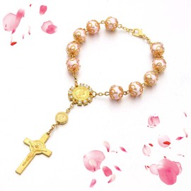 Christening Rosaries, Mini Rosary, Cross Christian Bracelet, Exquisite and Beautiful, for Birthday, Prom, Christening, Party (Pink)