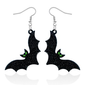 Mintolex Halloween Glitter Bat Dangle Earrings for Women Sparkly Black Acrylic Drop Earrings with Green Eyes Fun Spooky Jewelry for Halloween Party Costume Accessory, Glitter Bat