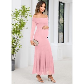 CYCLAMEN Sparkly Maternity Dress for Baby Shower Off The Shoulder Long Sleeve Mermaid Pregnancy Gown with Flowy Tail Hem, Light Pink, L