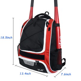 WOLT | Baseball Bat Backpack - Bag for Softball & T-Ball Equipment & Gear, Youth Girl & Adults Women, Holder for Helmet, Glove, Separate Shoes Compartment & Fence Hook (Red)