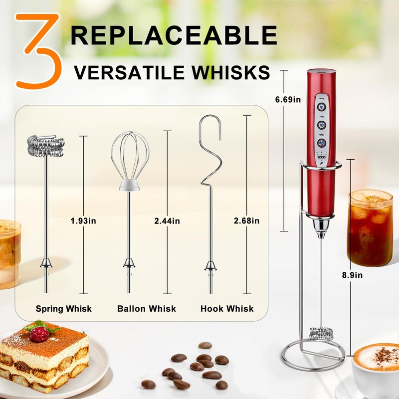 YUSWKO Red Rechargeable Milk Frother for Coffee with Stand, Handheld