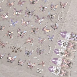 Laser Butterfly Nail Art Sticker Holographic Pink Butterfly Self Adhesive Nail Decal with Diamond Gems Design Accessories 5D Embossed Nail Stickers for Women DIY Manicure Decoration 1 Sheet