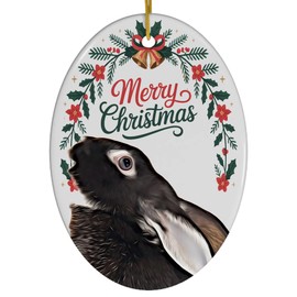 Funny Silver Fox Rabbit Ornament Ceramic Oval White - Merry Christmas 2025 Holiday Keepsake Decoration - Xmas Tree Hanging Decor Gifts for Rabbit Lovers