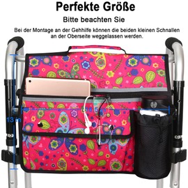 Wheelchair Organiser Storage Bag, Double Sided Armrest Bag with Cup Holder and Reflective Strips, for Wheelchairs and Walkers (Red Butterfly)