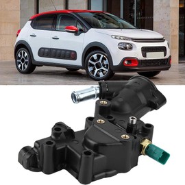 Qiilu Thermostat, Plastic + Metal Thermostat Housing with Sensor Black Water Coolant 9654775080 for C2 C3