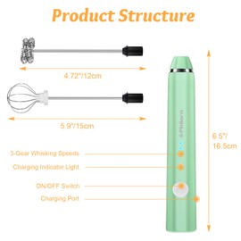 Philorn Milk Frother Wand Handheld Rechargeable Electric Whisk with 2 Heads Coffee Drink Mixer, Mini Foamer for Lattes, Cappuccino, Frappe, Matcha, Hot Chocolate, Protein Powder, Keto Diet -3 Speed