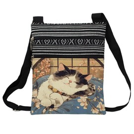 LiuenMgg Kimono Cat Messenger Bag Small Ethnic Pattern Adjustable Strap Crossbody Zipper Bag Japanese Style Cat Phone Bag Wallet Cute Shoulder Handbag for Cat Lovers Women