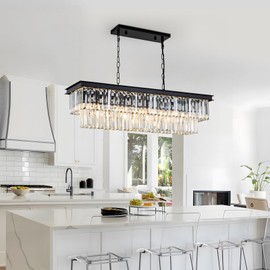 HCCZ Black Crystal Chandelier for Dining Room Light Fixture Rectangle Modern Farmhouse Chandelier Contemporary Pendant for Kitchen Island Living Room Long Chandelier Rectangular Lighting