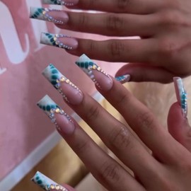 24 Pcs Long Press on Nails Square Fake Nails with Design Rhinestone Glue on False Nails Green French Tip Acrylic Nails Artificial Reusable Wedding Manicure for Women