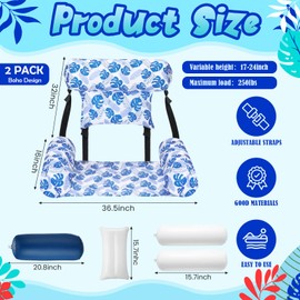 Threehoney 2 Pack Large Pool Chair Floats Adult Inflatable Pool Lounge Chair Summer Pattern Water Floating Chair Adjustable Pool Float Hammock for Swimming Pool Beach Party Game (Fresh Leaves)