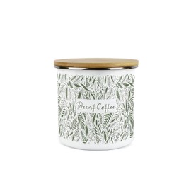 Purely Home Leaves Decaf Coffee Storage Canister - Green Leaves Palm Print White Metal Enamel Medium Sized Food Storage Container