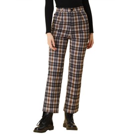 Allegra K Women's Plaid Pants High Waisted Vintage Tartan Checkered Cropped Casual Work Pants Medium Brown