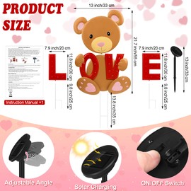 Vivantia 5 Pieces Valentine Yard Signs with Solar LED Light Valentines Day Metal Stakes Outdoor Decorations Happy Valentine's Day Large Bear Love Lawn Signs for Wedding Anniversary Party Garden Decor