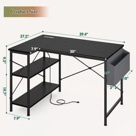 Raybee 39"/47" L Shaped Gaming Desk, Computer Desktop with Power Outlets,USB,Reversible Corner Table, Side Shelves & File Pocket for Home & Office Use - Color: 39”-Black