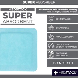 MEDSTOCK Super Absorber Dressing, 4"x4" (Pack of 10), Wound Care, Ultimate Absorption, Holds Extra Volumes of Exudate, Less Frequent Dressing Changes, Reduces Damage Risk & Maceration
