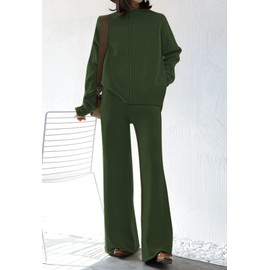AOHITE Women's Knit Sweatsuit Turtleneck Sweater Top Wide Leg Pants 2 Piece Outfits Dark Green Large