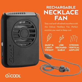 O2COOL Portable Neck Personal Travel USB Battery Powered Adjustable Lanyard Cooling Fan, (Black)