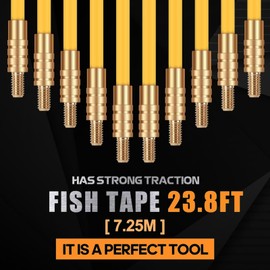 GURADESIGN 23.8FT Fiberglass Running Electrical Wire Cable Glow Rods Wire Pulling, Fish Rods Electrical Kit with 6 Different Attachments and Fish Tape Wire Puller Kit (Yellow)