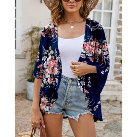 Heynino Women's Floral Print Casual Kimono Cover up Sheer Loose Blouse Tops Deep Blue XL