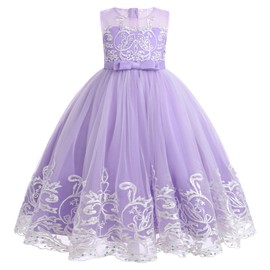 Flower Girl Lace Dress for Kids Wedding Bridesmaid Pageant Party Formal Long Maxi Gown Big Little Princess First Communion Birthday Dance Prom Sequins Bow Puffy Tulle Dresses Light Purple 5-6 Years