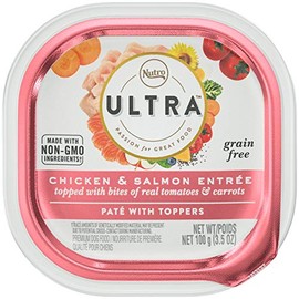 NUTRO ULTRA Grain Free Adult Soft Wet Dog Food PatÃ© With Toppers Chicken & Salmon EntrÃ©e topped with bites of real tomatoes & carrots, (24) 3.5 oz. Trays