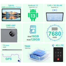 Blackview Tab80 Tablet 10 Inch Android 13.16 GB RAM + 128 GB ROM (1TB TF), Octa-Core, 4G LTE + 5G WiFi Tablet PC, 1280 x 800 HD + IPS, 13MP + 8MP Camera 7680 mAh Type-C/Face ID/GPS/BT5.0/OTG