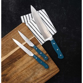DURA LIVING Chef's Knife Set, 4 Piece Cutlery Knife Set, Superior Forged High Carbon Stainless Steel Ultra Sharp 8 Inch Chef, 7 Inch Santoku, 5 Inch Utility, 3.5 Inch Paring Knives, Royal Blue