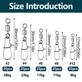 JSUOEO Fishing Swivels, 125 Pieces Fishing Fishing Swivels Set #2#4#6#8#12 Stainless Steel Ball Bearing Swivel Fishing Snap 8-28 kg with Carabiner Fishing Accessories for Trout Bass Zander