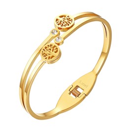 JewelryWe Exquisite Tree of Life Open Cuff Bangle Stainless Steel Bracelets for Women Girls,Gold
