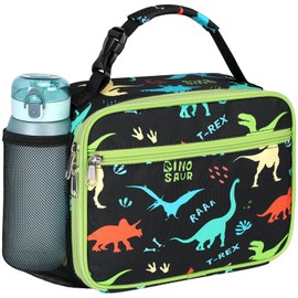 Bagseri Insulated Lunch Bag for Kids - Cute Cool Bag for Boys with Bottle Holder, Leakproof Lunch Box Waterproof Lunch Bag for Picnic Schools Black Dinosaur
