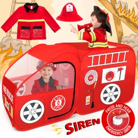 W&O Fire Truck Play Tent with Siren Button, Firefighter Hat & Jacket – Ultimate Firefighter Pop-Up Tent for Toddlers & Kids