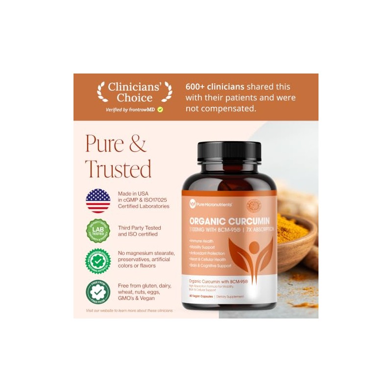 Turmeric Curcumin BCM-95 Supplement + Black Pepper, Organic, 60 Veg.