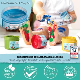 CreaTek Finger Paints for Children, Non-Toxic [Including Great Templates] 100% Safe, Vegan, Odourless and Washable, 6 x Bright Base Colours, each 60 ml, Finger Paints for Children, Non-Toxic Finger Paint, for Baby