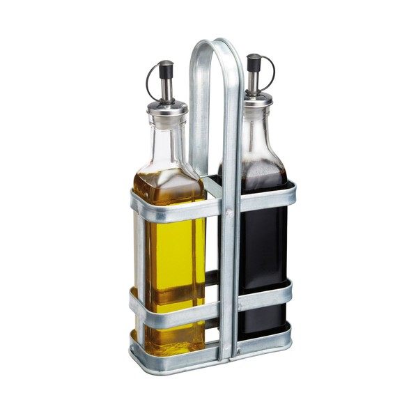 Industrial KitchenCraft Vintage-Style Cruet Set with Galvanised Steel Bottle Stand,