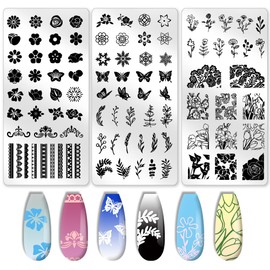 beinkmake 3Pcs Mix Nail Stamping Plate Flowers Nail Stamping Temeplates French Tip Nail Art Stamp Plates Image Plate Stainless Steel DIY Reusable Tools for Manicure Printings