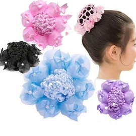 4pcs Solid Colors Hair Snoods with Flowers Deco Hair Net Bun Colors for Girls Hairs Accessories for Dancers Skating (Pink+Black+Blue+Purple, Set of 4)