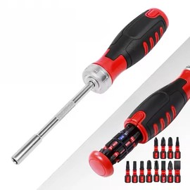 12-in-1 24cm Ratcheting Screwdriver Set with 32-Tooth Mechanism, Multiple Bits Including PZ, PH, SL, and Torx, Red/Black