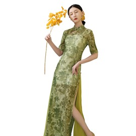 ROYAL SMEELA Chinese Qipao Dress for Women Cheongsam Dress Patterned Mandarin Collar Chinese Dresses Traditional Clothes Green