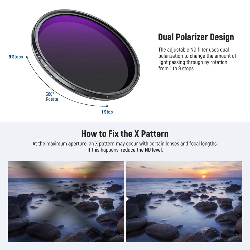 NEEWER 62mm ND2-400 (1-9 Stops) Variable ND Filter with Lens