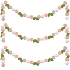 Rtteri 3 Pcs Felt Ball Garland Spring Pom Pom Party Banner Easter Garland with Green Leaves for Spring Ambience Decor Easter Holiday Birthday Decorations Spring Break Celebration Decorations