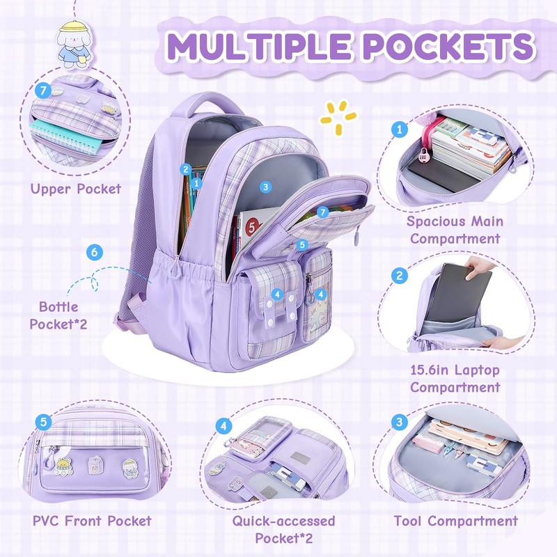 QIXIHU Kids Backpack for Girls, Bookbag for Elementary Students Kawaii